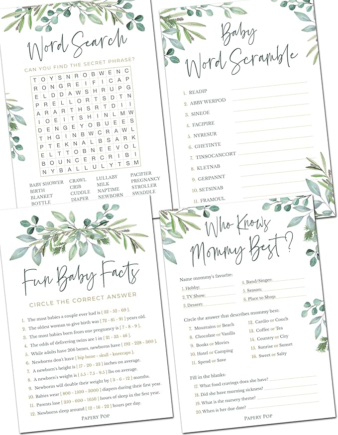 Papery Pop Baby Shower Games - Set of 4 Games for 25 Guests - Double Sided Cards - Eucalyptus