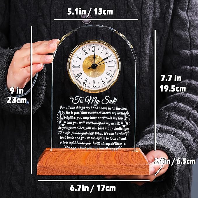 Meaningful Glass Clock Gifts for Son from Mom Dad Graduation with Wooden Light Base I Love You Personalised Glass Plaque Presents for Best Son Birthday Keepsakes for Him Table Decor