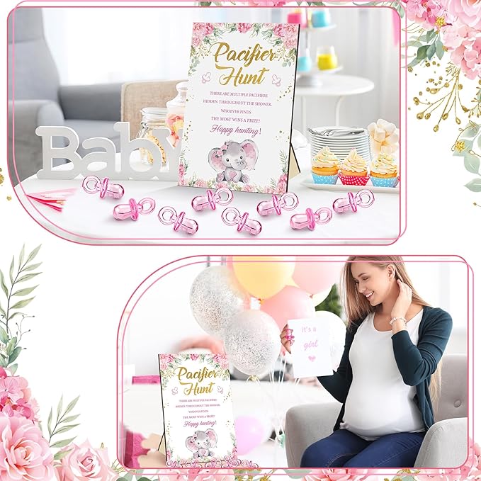 Thyle 51 Pcs Pacifier Hunt Baby Shower Games Include Hunt Sign and 50 Acrylic Pacifiers for Baby Shower Game Decoration Gift Sets Gender Reveal Party Decor(Pink Elephant)