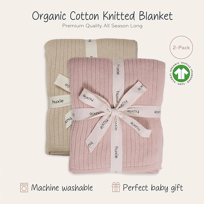 Knitted Organic Cotton Baby Blanket- Swaddle Blanket, 30" x 40" Soft Receiving Blanket for Newborn 2-Pack (Fog and Blush)
