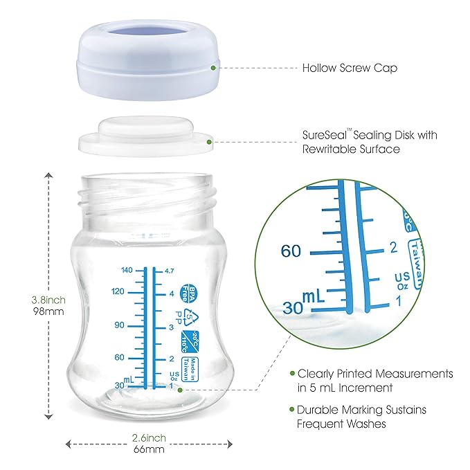 Maymom Wide-Mouth Milk Storage Collection Bottle with Dome Cap, Bottle Top, SureSeal Disk; Compatiable with Spectra S1 S2 Bottles; Compatible with Lansinoh Nipple (4.7oz/140mL, 2pc & 9oz/280mL, 2pc)