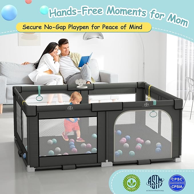 Foldable Playpen for Babies and Toddlers, 72" x 59" Extra Large Collapsible Play Pen with Basket, 4 Handlers & 50 Ocean Balls, Portable Travel Play Yard with Carry Bag, No Installation, Grey