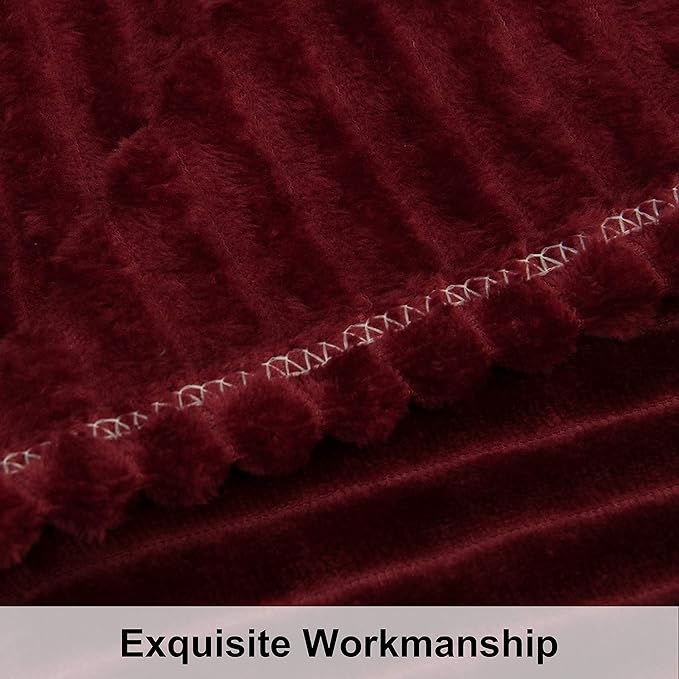 NTBAY Plush Flannel Twin Bed Blanket, 60x80 Inches Soft and Warm Lightweight Bed Blanket with Striped Texture for Couch, Sofa, All Seasons, Wine Red