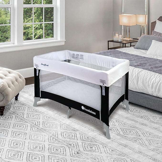 Foundations SnugFresh Celebrity Baby Play Yard, Commercial-Grade with Washable Cover, Foldable & Portable for Infants & Toddlers, Convenient Travel Bag Included - Graphite