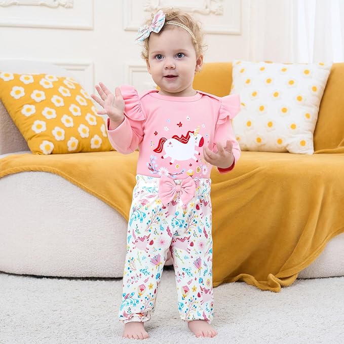 DISAUR Baby Girls Clothes Newborn Infant Baby Girls Outfit Long Sleeve Ruffle Romper Floral Pants Headband Sets 0-18 Months