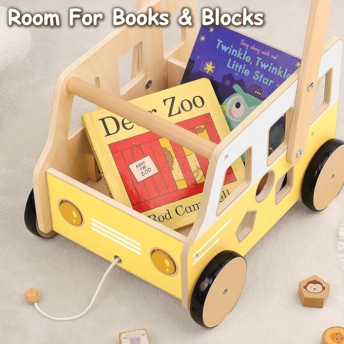 Wooden Baby Push Walker – Montessori Walker & Activity Push Toy with Steering Wheel + Rotating Headlights | Balance Trainer for Toddlers 1‑3 Years