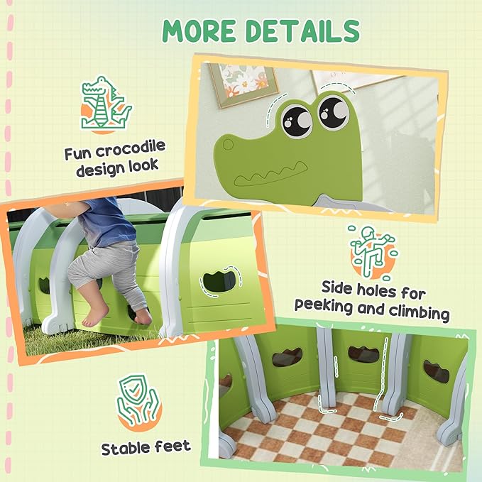 Qaba Crocodile Tunnel, Toddler Tunnel for Kids Crawl and Climb Through, Kids' Play Structure Indoor Outdoor, 6 Sections, Green