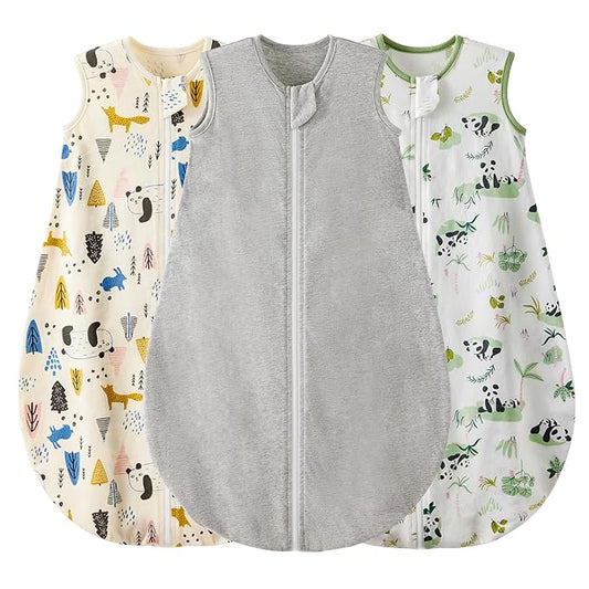 Duomiaomiao 3 Pack Baby Sleep Sack 100% Organic Cotton Lightweight Breathable Comfy Toddler Sleeping Sack (0.5tog Pandas, Small)