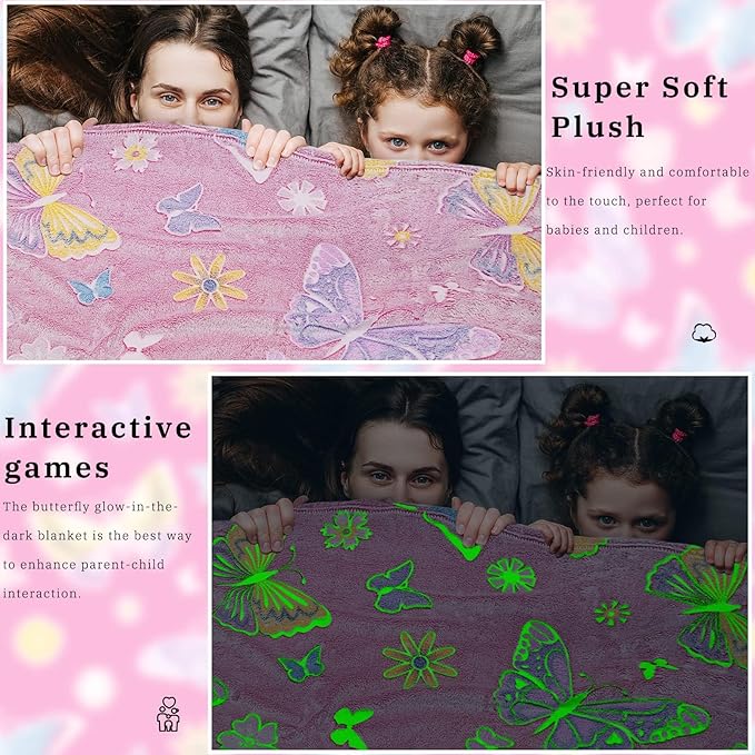 Glow in The Dark Blanket for Kids Girls, Fuzzy Cozy Warm Soft Throw Blanket for Couch Bed Sofa, Girl Toys Butterfly Blankets for Teens Grandkids Unique Birthday Gifts 60"×80"