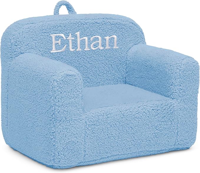 Delta Children Personalized Sherpa Cozee Chair - Customize with Name – Foam Kids Chair for Ages 18 Months and Up, Powder Blue