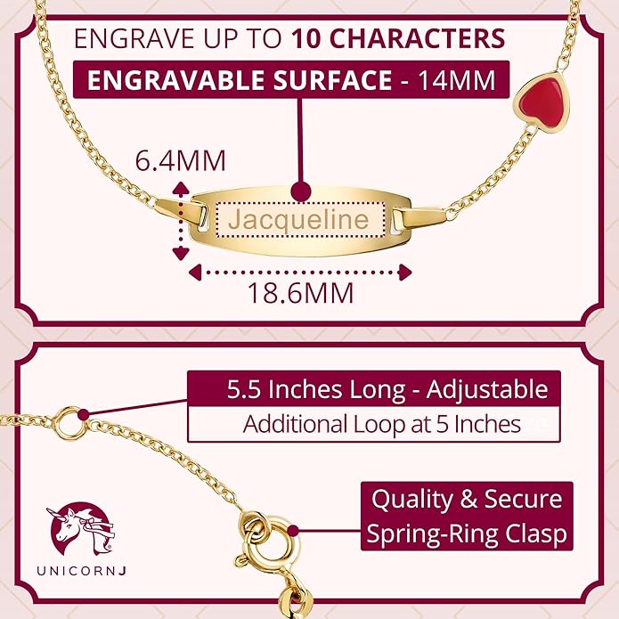 UNICORNJ 14k Gold ID Bracelet Engravable Girls Boys Kids Baby Infant, Personalized Figaro Curb Chain Name Bracelets for Babies Newborn Toddler Child Girl Boy Yellow Gold, Made in Italy