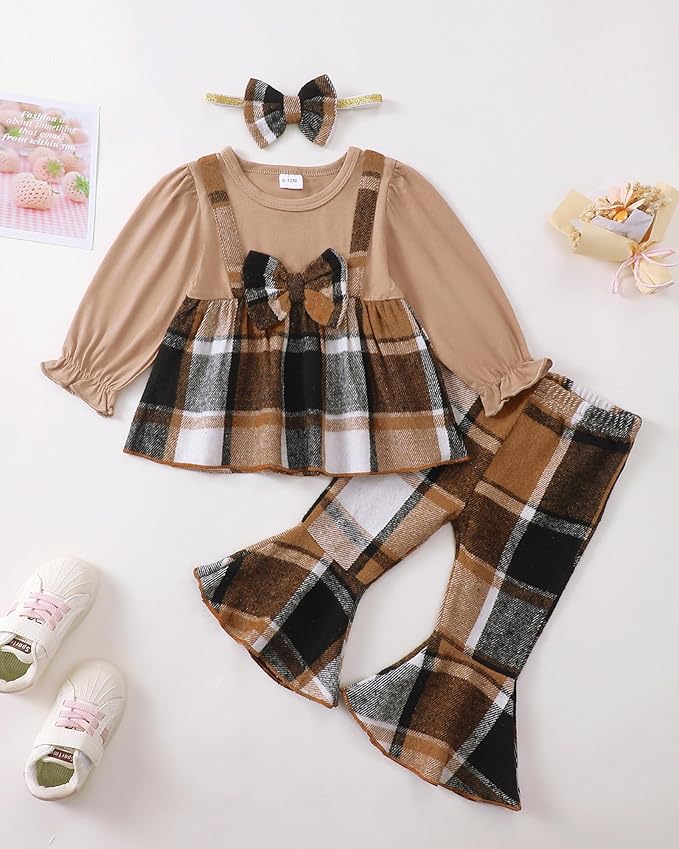 Kucnuzki Toddler Baby Girl Clothes Outfit Long Sleeve Plaid T Shirt Top Flare Leggings Pants 2 Piece Outfit Kids Clothes