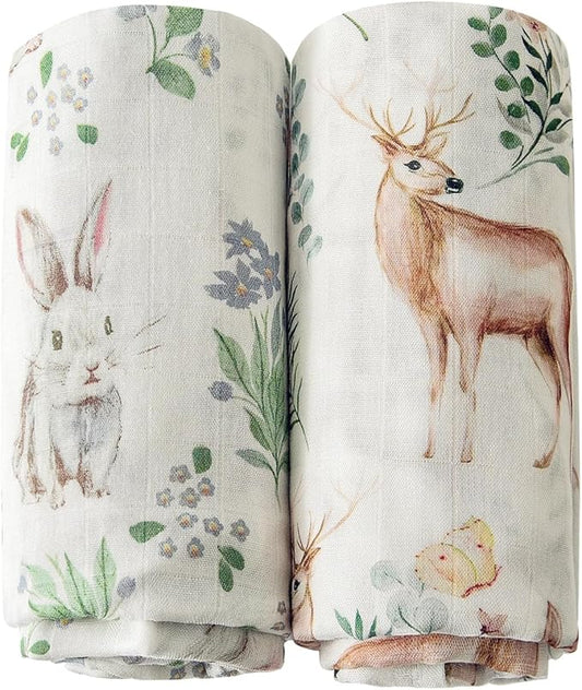 Little Jump Muslin Swaddle Blankets Neutral, Woodland Muslin Baby Blanket Receiving Blanket for Boys & Girls Unisex, Soft Large 47 x 47 inches (Rabbit & Deer)
