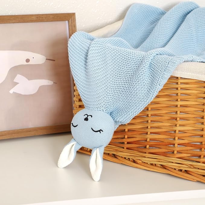 LAWKUL Bunny Lovey Baby Blanket Soft Plush Security Blanket Knit Snuggle Comfort for Newborns Toddlers Boy Girl Blue 40x30in
