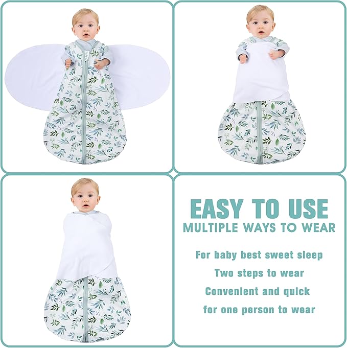 Newborn Sleep Sack Baby Swaddle,0-3 Months,3-Way Adjustable Wearable Blanket,100% Rayon Cotton Swaddling Sleeping Bag，TOG 0.5（Banana&Leaf）