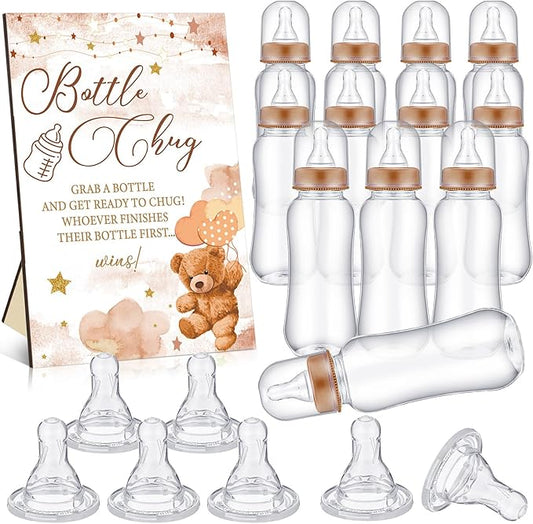 Bear Cool Baby Shower Games Bottle Chug Sign Wooden Brown Theme Gift Sets Gender Reveal Party Favors and 12 Pcs Baby Bottle Shower Favor for Gender Reveal Party Decor(Bear)