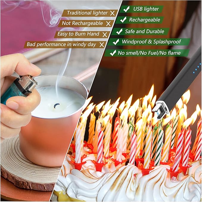 Lighter Electric Candle Lighter Long Electronic Rechargeable USB Arc Windproof Flameless Lighters for Candle Camping BBQ Birthday Women's Day Gifts for Women Mom Wife Men, Balck