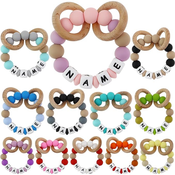 Personalized Baby Rattle and Teether Ring Toy for Boys and Girls Gift,Custom Name Rattle Toy Newborn Teether Ring (Oatmeal)