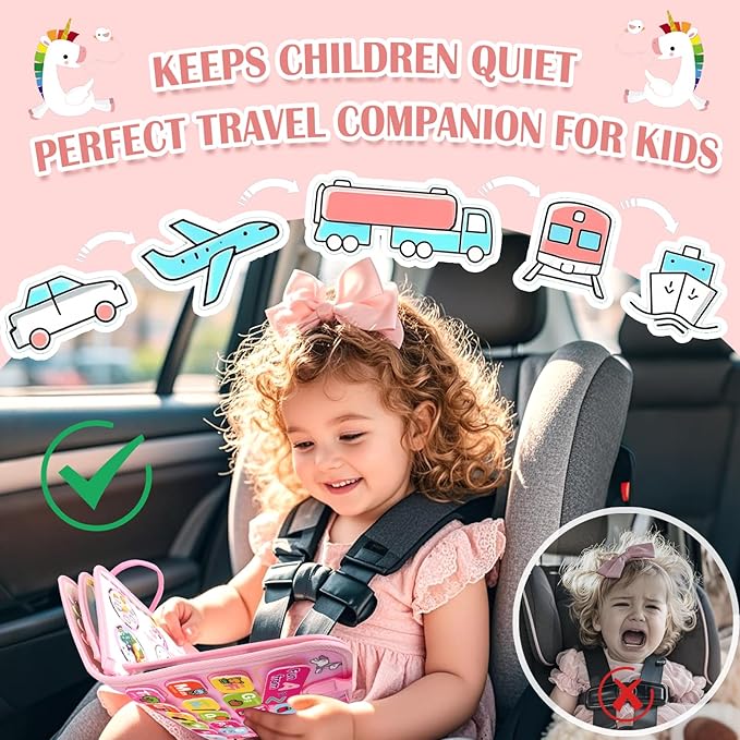 Toddler Busy Board Montessori Toys for 1 2 3 4 Year Old Girl Birthday Gift,Educational Learning Sensory Busy Book for 1-3, Airplane Car Travel Activities Toy for Two Year Old Girl(Pink)