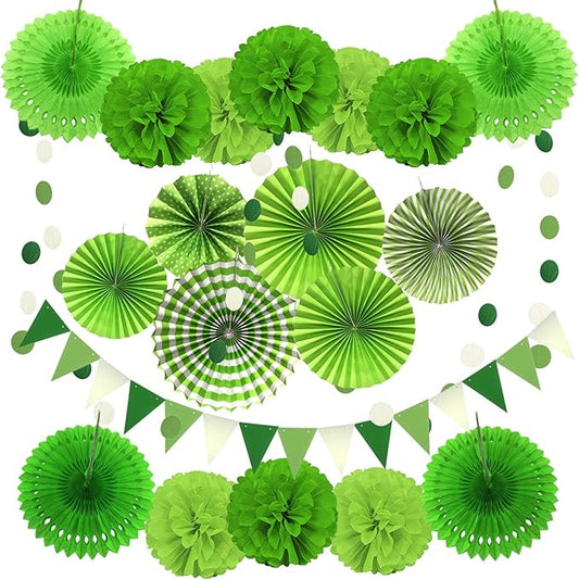 ZERODECO Party Decoration, 21 Pcs Green Hanging Paper Fans, Pom Poms Flowers, Garlands String Polka Dot and Triangle Bunting Flags for Golf Party Dinosaur Birthday Parties Arbor Day
