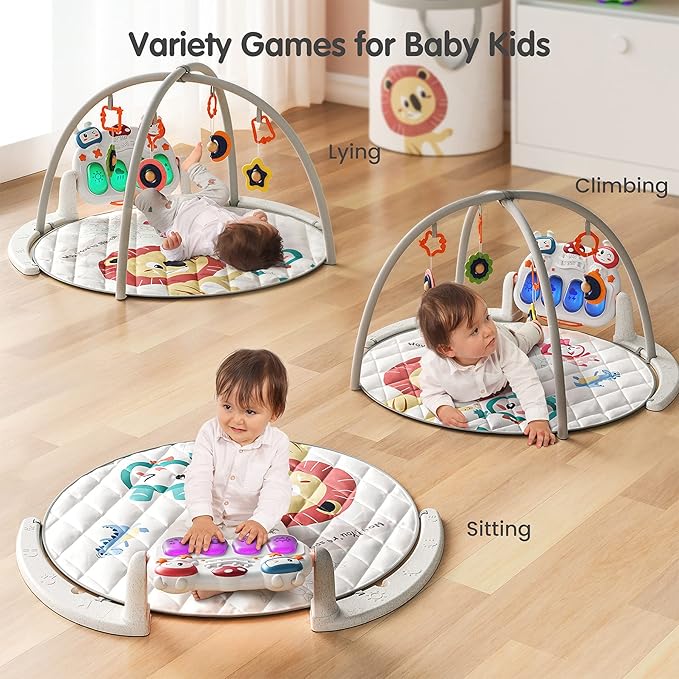 TUMAMA Remote Control Baby Gym Play Mat, Activity Gym with Music and Lights, Detachable Play Piano Gym for Newborn Baby Boys Girls Christmas Holiday Birthday Gifts, Round (Lion)