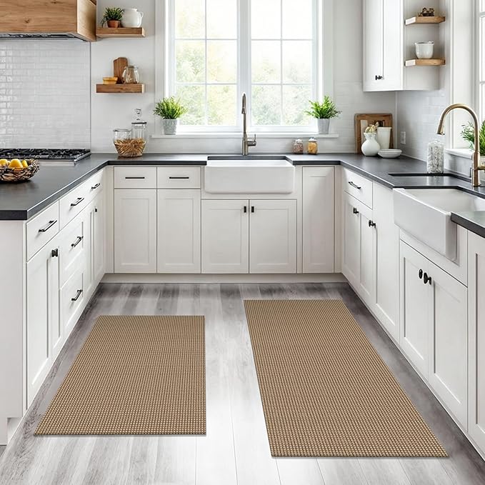 KOZYFLY Area Rug Runner Sets of 2 Pcs 2x3 and 2x5 Washable Kitchen Rugs Non Slip Rubber Backed Hallway Rug Woven Cotton Entrance Rugs for Front Porch Bathroom Kitchen Bedroom, Tan/Orange/Brown