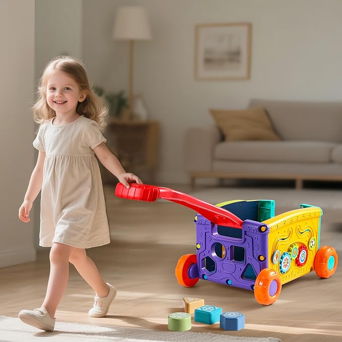 Interactive Learning Push Walker Toy for Toddlers, Musical Activity Wagon with Handle, Educational Rolling Cart with Blocks，Suitable for 18 Month Old Boys and Girls
