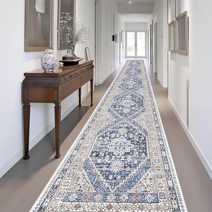 zesthome Washable Runner Rug 2.5x16 - Stain Resistant Entryway Rug,Ultra-Thin Kitchen Rugs, Anti Slip Backing Runner Rugs for Entrance Laundry Room Indoor Hallway (Blue/Beige,2.5'x16')