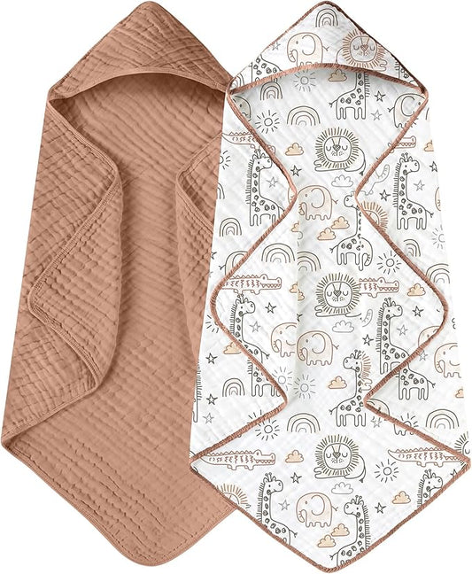 Yoofoss Hooded Baby Towels for Newborn 2 Pack 100% Muslin Organic Cotton Baby Bath Towel with Hood for Babies, Infant, Toddler and Kids, 32x32Inch, Soft and Absorbent Newborn Essential, Brown Giraffe