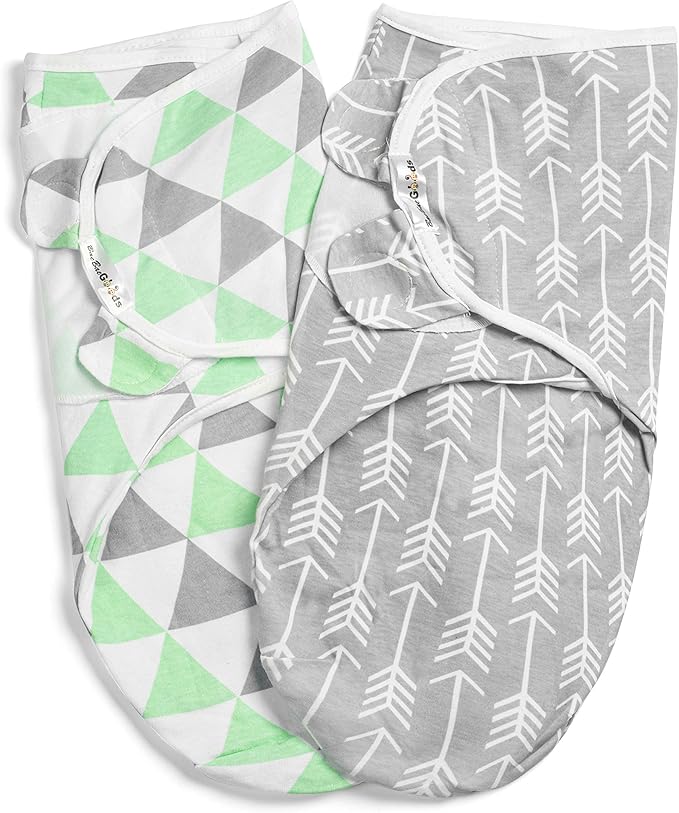 BaeBae Goods Swaddle Blanket, Adjustable Infant Baby Swaddling Wrap Set of 4, Baby Swaddling Wrap Blankets for Boys and Girls Made in Soft Cotton (Green/Grey Triangles, 3-6 Months)