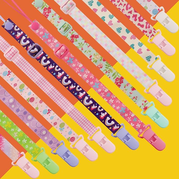12 Pack Pacifier Clips with Adjustable Strap (32-46.5cm) - Premium Polyester Baby Pacifier Holder Set, Multi-Design Clips for Boys Girls （Multi Color A）