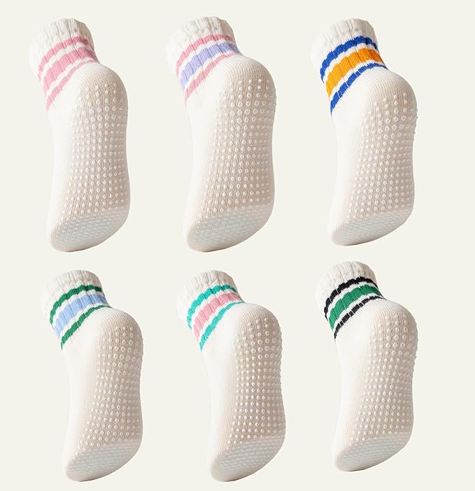 Toddler Grip Socks with Non-Slip, Unisex Baby Retro Stripe Seamless Crew Ankle Cotton Socks for Girls Boys 6 Pairs