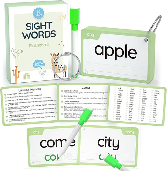 WJPC 58 Cards, 116PCS High Frequency Sight Words Flash Cards (Kindergarten), Phonics Learning Cards for Kids Ages 4,5,6 Years. Learn to Read, Write.