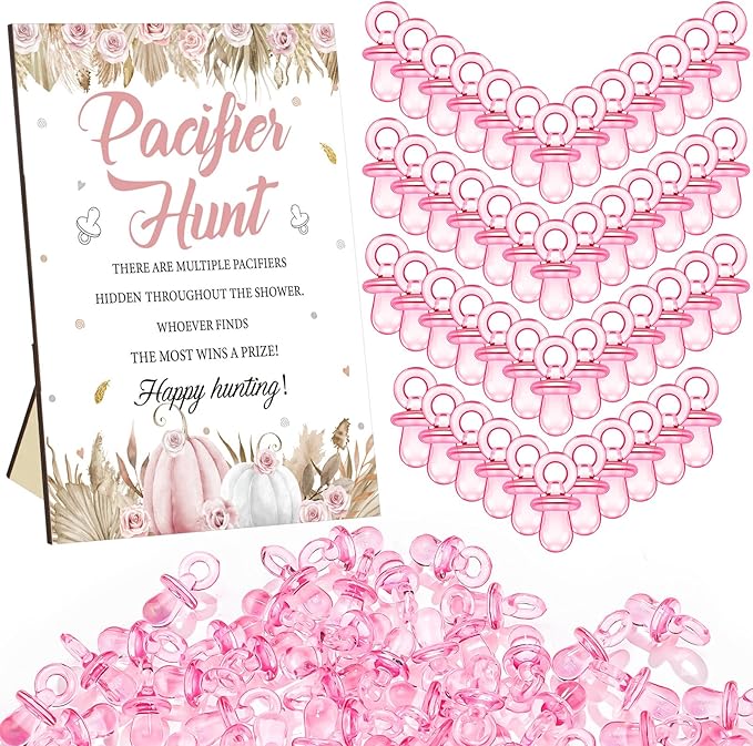 Thyle 51 Pcs Pacifier Hunt Baby Shower Games Include Hunt Sign and 50 Acrylic Pacifiers for Baby Shower Game Decoration Gift Sets Gender Reveal Party Decor(Boho Pumpkin)