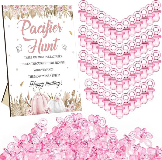 Thyle 51 Pcs Pacifier Hunt Baby Shower Games Include Hunt Sign and 50 Acrylic Pacifiers for Baby Shower Game Decoration Gift Sets Gender Reveal Party Decor(Boho Pumpkin)