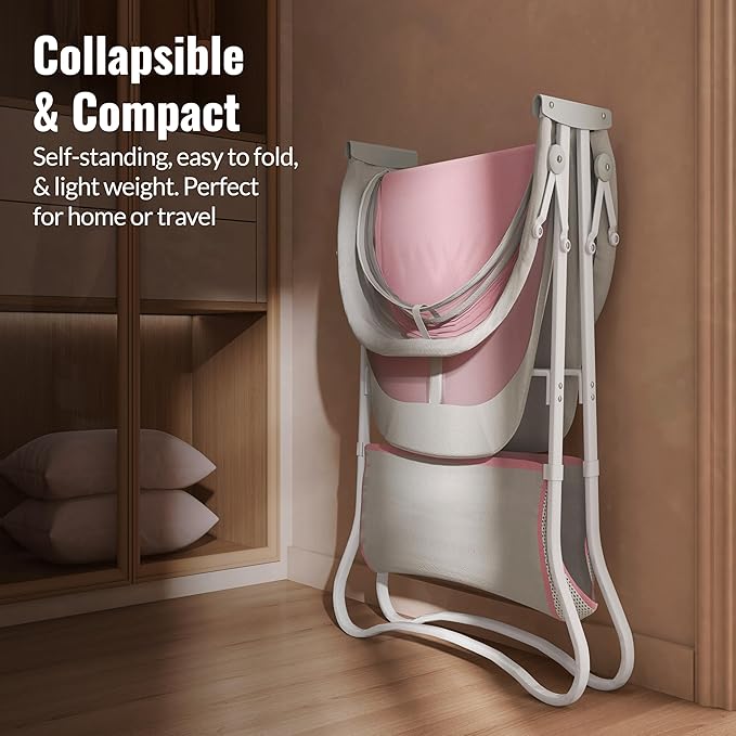 Dream On Me Karley Baby Bassinet in Grey and Pink, Lightweight Portable, Quick Fold and Easy to Carry , Adjustable Double Canopy, Indoor and Outdoor with Large Storage Basket.