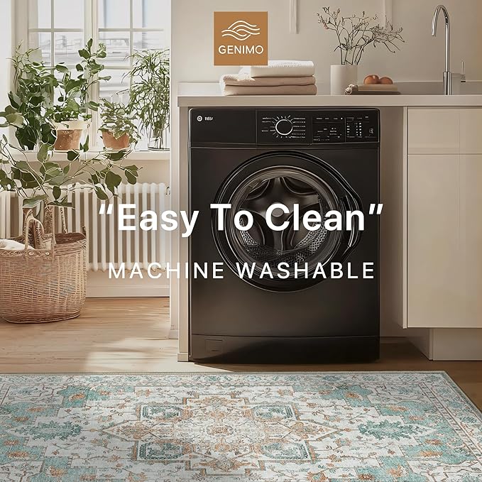 GENIMO 2x7 Runner Rugs for Hallway, Machine Washable Non Slip Vintage Rugs, Low Pile Lightweight Soft Print Rug for enrtyway, Corridor, Home Office, Kitchen, Cyan