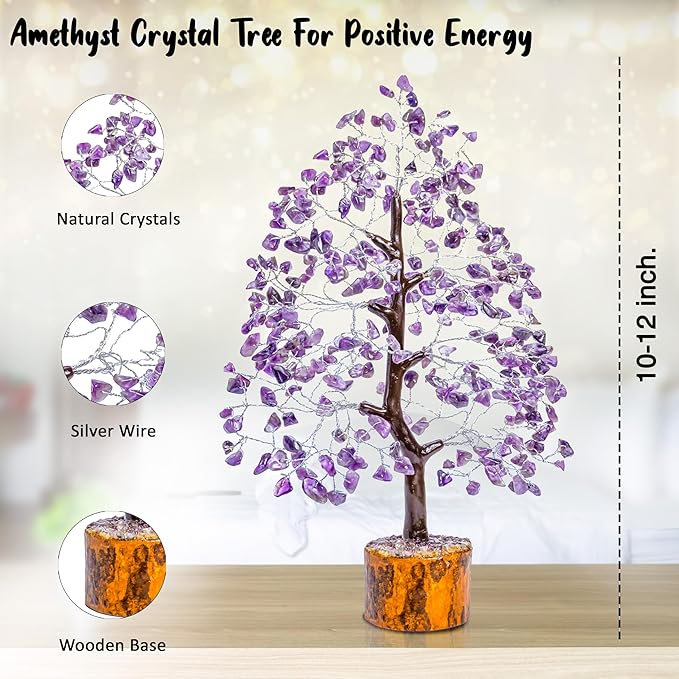 Crocon Amethyst Gemstone Tree Feng Shui Figurine Money Bonsai Good Luck Chakra Balancing Reiki Healing Crystals Decoration Ornament Sculpture Prosperity Table Decor Gift Size 10-12\