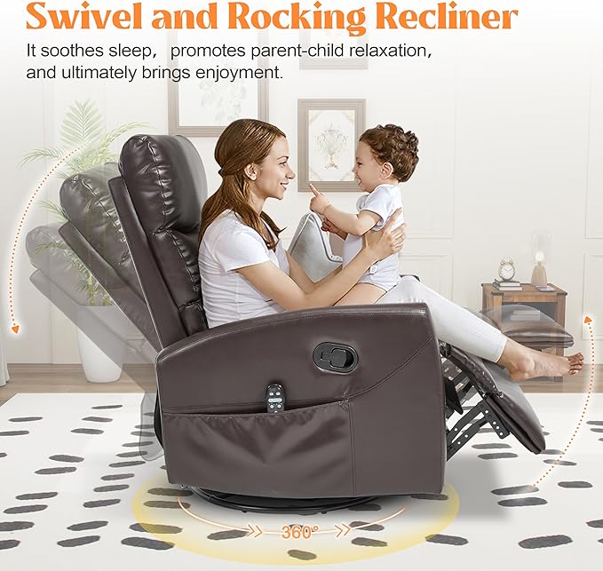 Manual Swivel Rocker Recliner Chair with Massage, Overstuffed Recliner Glider with Vibration Massage and Heat for Nursery, Living Room Reclining Sofa Chair, PU Leather Dark Brown