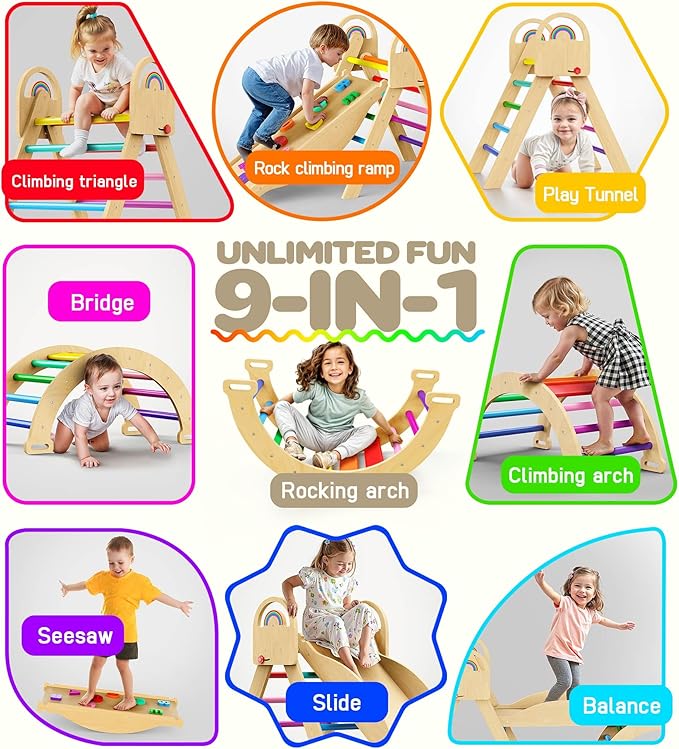 Pikler Triangle Set, 9-in-1 Foldable Wooden Climbing Toy for Toddler 1.8-7Y, Montessori Climber Gifts, Indoor Jungle Gym with Arch&Ramp&Ladder for Kids to Learning Through Playing