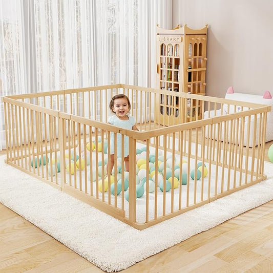 Wooden Baby Playpen - 80x71x24 Inches, 2X-Large Size Adjustable Pine Wood Toddler Playard for Babies and Toddlers with Safety Gate, Easy Assembly Child Fence