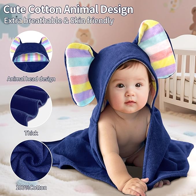VOOVA & MOVAS Baby Hooded Bath Towel - 100% Cotton, 33x23.5 Inches,0-3Years, Super Absorbent Large Towel with Cute Elephant Ears Hood for Newborn, Baby, Toddler,Navy