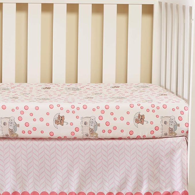 Precious Moments Noah’s Ark Fitted Crib Sheet 2 Pack for Baby Girl by Everyday Kids; 1 Animals on the Ark Printed Crib Sheet and 1 Solid Bright Pink; Adorable Wildlife Elephants, Giraffes, Bears Print
