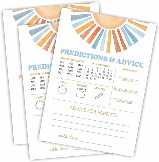 Retro Sunshine Predictions & Advice Baby Shower Game Kit - Here Comes The Sun - 30 Double-Sided Fill In Game Cards For Baby Shower, Gender Reveal Party Favor, Activity & Supplies - A02