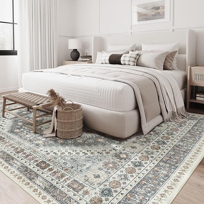 zesthome 5x7 Area Rugs - Ultra-Thin Washble Rug, Stain Resistant Anti Slip Backing Rugs for Living Room,Bedroom, Vintage Home Decor Area Rug (Grey/Orange,5'x7')