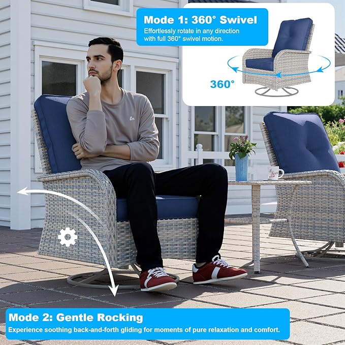 3-Piece Small Patio Furniture Set, Outdoor Swivel Rocking Chairs Set with Wicker Chairs and Tempered Glass Side Table, Outdoor Furniture Patio Bistro Set for Balcony, Deck, Porch