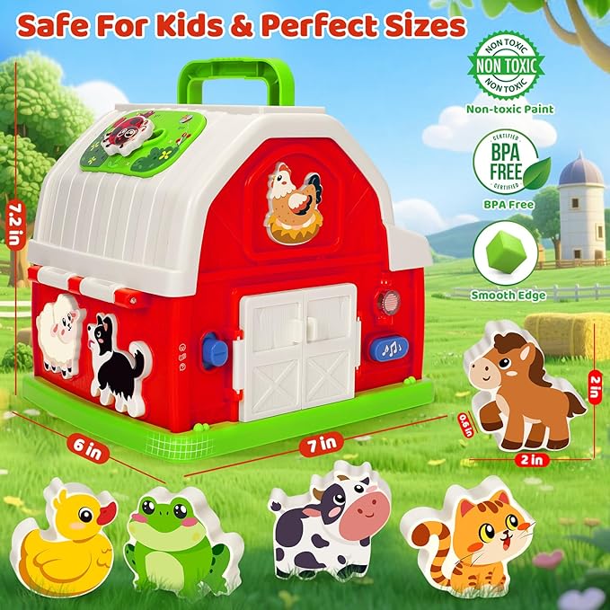 Montessori Toys for 1 2 3 Year Old Boys Girls, Musical Barn Farm Animal set for Toddler, Shape Sorting Educational Toy for Baby 12-18 Month, Learning Fine Motor Skills, Christmas Birthday Easter Gifts