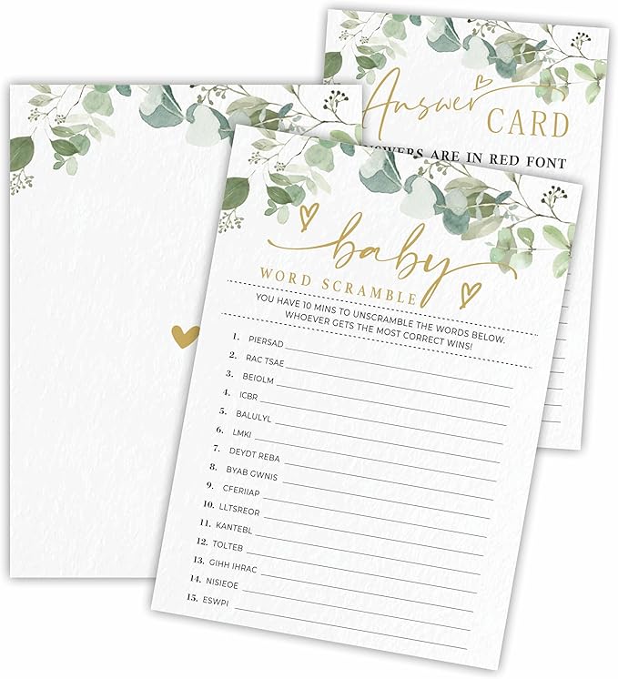 Baby Word Scramble Baby Shower Game Cards - Golden Greenery - 30 Double-Sided Fill In Style Game Cards With Answer Card, Gender Reveal, Baby Announcement, Party Games & Activity - D14
