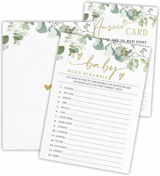 Baby Word Scramble Baby Shower Game Cards - Golden Greenery - 30 Double-Sided Fill In Style Game Cards With Answer Card, Gender Reveal, Baby Announcement, Party Games & Activity - D14