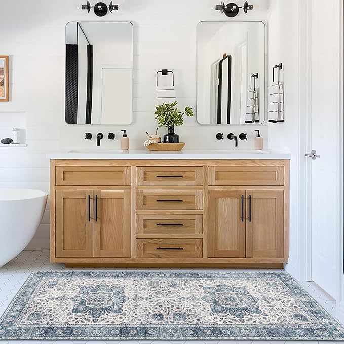 ReaLife Rugs Machine Washable Area Rug Runner - Living Room Bedroom Bathroom Kitchen Entryway Office - Padded Low Pile Stain Resistant Premium - Boho Farmhouse Vintage - Joy - Blue Ivory 2'6" x 8'